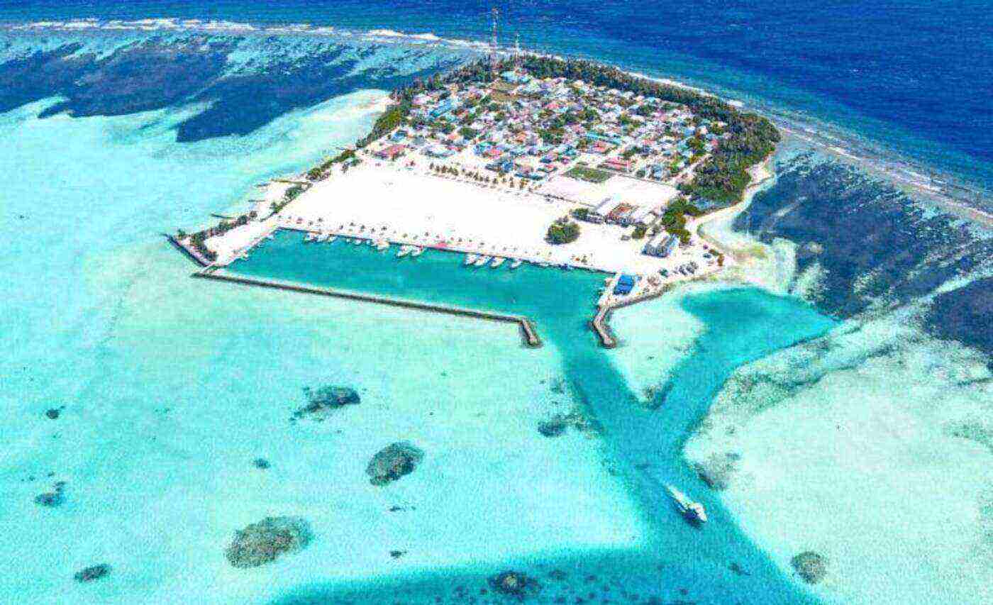 Aerial view of Gaafaru island and its turquoise lagoon in the Maldives